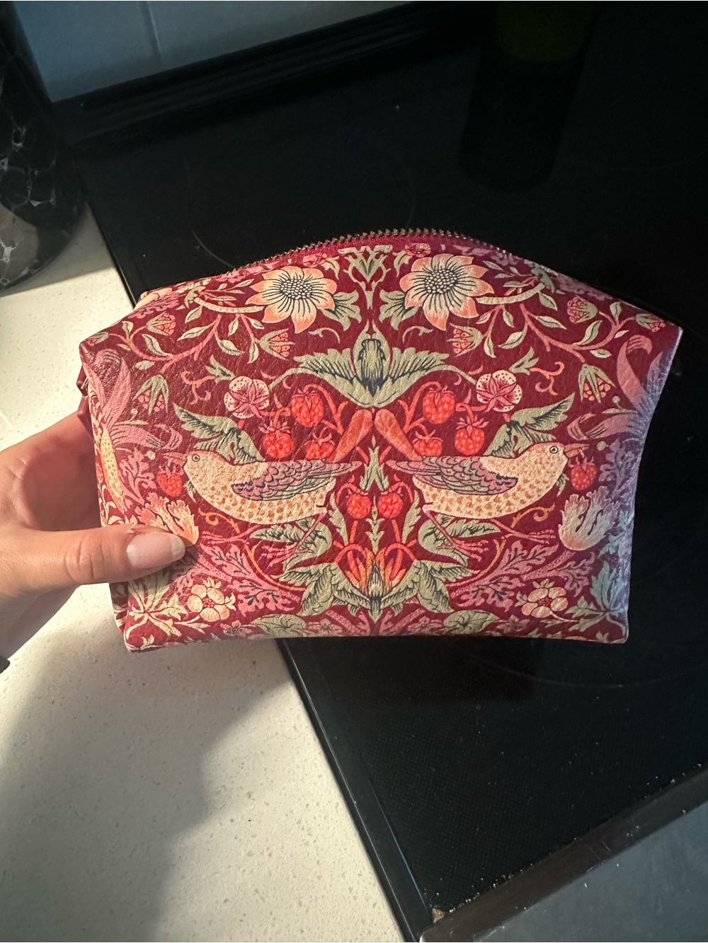 William Morris Floral & Bird Pattern Quilted Cosmetic Pouch - Red